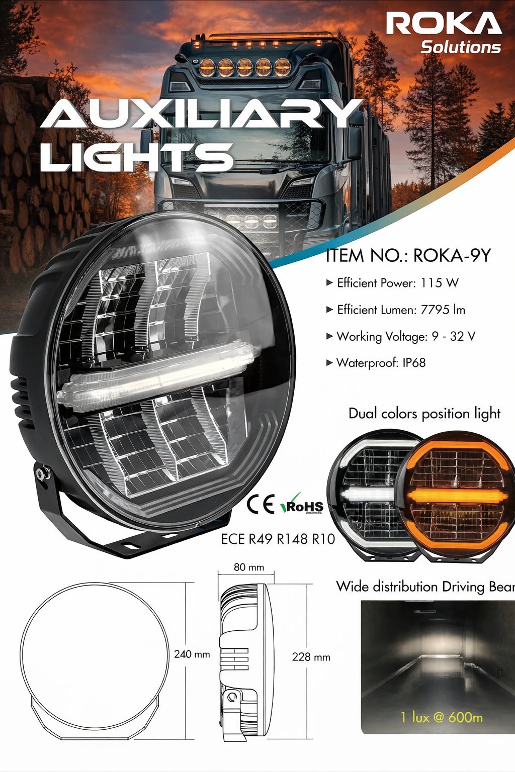 ROKA 9 Inch LED Auxiliary Driving Light 115W – White & Amber Position Light